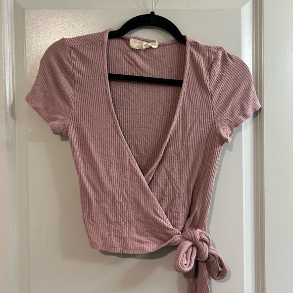 Urban Outfitters Tops - Urban Outfitters Dusty Pink Ribbed Wrap Crop Top